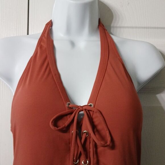 Envya light brown  halter one piece bathing suit tie front  Sz M NWT - Picture 3 of 8